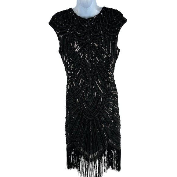 Vijiv Womens Black Sequin Fringe Flapper Dress 1920s Art Deco Gatsby Style Small - Picture 4 of 13